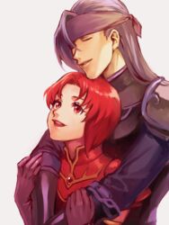  1boy armor bad_id bad_pixiv_id black_armor blue_hair closed_eyes couple female fire_emblem fire_emblem:_the_binding_blade galle_(fire_emblem) gauntlets gem grey_background happy headband hug hug_from_behind lips long_hair looking_at_another looking_up lotter75 melady_(fire_emblem) pauldrons red_armor red_eyes red_hair short_hair shoulder_armor simple_background smile straight teeth 