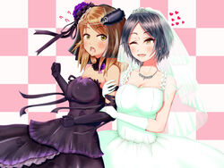  2girls bad_id bad_pixiv_id black_hair breasts bridal_veil bride brown_eyes brown_hair commentary_request dress elbow_gloves gloves hayami_kanade highres hitofudegaki_usagi hojo_karen idolmaster idolmaster_cinderella_girls large_breasts long_hair monochrome_lily_(idolmaster) multiple_girls parted_bangs purple_dress short_hair smile veil wedding_dress white_dress wife_and_wife yellow_eyes yuri 