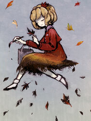  aki_shizuha black_footwear blonde_hair blush brown_dress buttons can chabi_(amedama) closed_eyes closed_mouth collared_dress commentary_request dot_nose dress female from_side gradient_dress grey_background hair_ornament holding holding_leaf holding_paintbrush invisible_chair leaf leaf_hair_ornament long_sleeves maple_leaf multicolored_clothes multicolored_dress orange_dress paint_can paintbrush red_dress shoes short_hair sitting sleeve_cuffs smile socks solo touhou white_socks yellow_dress 