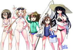  5girls arm_up beach_umbrella bikini black_bikini black_eyes black_hair blonde_hair blush breasts brown_eyes brown_hair chestnut_mouth closed_eyes closed_umbrella commentary_request competition_school_swimsuit cooler criss-cross_halter crossed_arms embarrassed eyewear_on_head flying_sweatdrops glasses hair_ornament hairclip halterneck hand_on_own_hip hat highres himekawa_hinari hizato_akari hood hoodie inuyama_kuroe jacket large_breasts long_hair long_sleeves looking_at_another looking_down maid_headdress multiple_girls navel one-piece_swimsuit open_clothes open_hoodie open_jacket open_mouth original school_swimsuit side_ponytail smile sun_hat sunglasses sweatdrop swimsuit track_jacket twintails umbrella urakaba_momoka white_bikini yamada_yoshino yoshida_hideyuki 