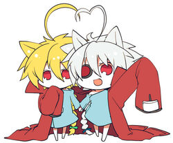  2girls ahoge animal_ears bad_id bad_pixiv_id blazblue blonde_hair braid braided_ponytail cat_ears chibi coat covering_own_mouth cowlick eyepatch hair_between_eyes hand_over_own_mouth heart heart_ahoge heart_ahoge_duo holding_hands kuro_yuzu lambda-11 multiple_girls nu-13 oerba_yun_fang oversized_clothes red_coat shared_clothes shared_coat white_hair 