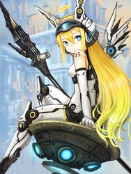  blonde_hair blue_eyes commentary_request female halo headpiece highres joints kai_(ootamuno12) long_hair looking_at_viewer mecha_musume metal_wings original robot_joints science_fiction sitting solo visor weapon 