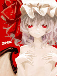  bat_wings chabi_(amedama) collarbone commentary_request covering_nipples covering_privates dated eyelashes fangs female fingernails flat_chest frilled_hat frills grin hair_between_eyes hat hat_ribbon jpeg_artifacts light_purple_hair looking_at_viewer mob_cap nostrils nude red_background red_eyes remilia_scarlet ribbon ribs short_hair simple_background smile solo teeth touhou upper_body wavy_hair white_hat wings 