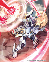  armor armored_boots bare_shoulders blue_skin boots cardfight!!_vanguard cloud colored_skin commentary_request company_name defending_goddess faceless faceless_female faceless_male female full_body green_eyes helmet long_hair midriff nail_polish navel niccohudou official_art open_mouth pink_hair scales sky solo_focus thighhighs 