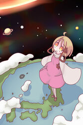  ahoge blonde_hair commentary_request earth_(planet) female giant giantess hair_ribbon highres monomi_(nasdai) moriya_suwako planet ribbon solo space touhou wide_sleeves yellow_eyes 