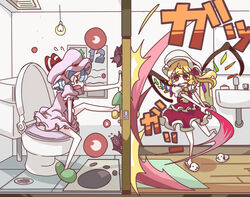  2girls attack bat_(animal) blonde_hair blue_hair commentary_request doorknob flandre_scarlet hat hat_ribbon laevatein_(touhou) light_bulb monomi_(nasdai) multiple_girls red_eyes remilia_scarlet ribbon siblings sink sisters slippers tears toilet_use touhou wings 