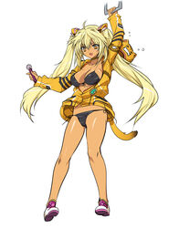  animal_ears arm_up bikini black_bikini blonde_hair breasts brown_eyes chinese_commentary choker cleavage commentary_request female jacket long_hair medium_breasts microphone no_pants oerba_yun_fang original q_azieru shoes side-tie_bikini_bottom solo swimsuit tail tan tiger_ears tiger_tail twintails 