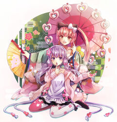  2girls :d bow brown_eyes commentary earrings flower folding_fan hair_flower hair_ornament hairbow hand_fan hello_kitty hello_kitty_(character) highres jewelry long_hair multiple_girls nekomura_iroha nekomura_iroha_(vocaloid4) oerba_yun_fang oil-paper_umbrella open_mouth pantyhose ponytail purple_eyes purple_hair red_hair revision sanrio short_hair_with_long_locks sidelocks sitting smile suisetsu_mizuna umbrella very_long_hair vocaloid voiceroid yokozuwari yuzuki_yukari yuzuki_yukari_(onn) yuzuki_yukari_(vocaloid4) 