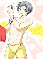  1boy angel_wings bad_id bad_pixiv_id blue_eyes blush free! grey_hair male_focus male_swimwear mii_yuu mole mole_under_eye navel nitori_aiichirou smile stopwatch swim_trunks topless_male towel watch wings 