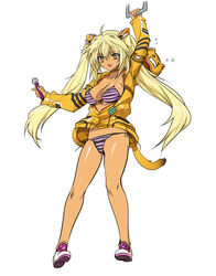  animal_ears arm_up bikini blonde_hair breasts brown_eyes chinese_commentary choker cleavage commentary_request female jacket long_hair medium_breasts microphone no_pants oerba_yun_fang original q_azieru shoes side-tie_bikini_bottom solo striped_bikini striped_clothes swimsuit tail tan tiger_ears tiger_tail twintails 