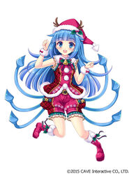  :d antlers bell blue_eyes blue_hair blunt_bangs commentary_request female full_body gothic_wa_mahou_otome hand_up hat holly horns long_hair looking_at_viewer md5_mismatch official_art open_mouth plaid red_footwear red_hat red_shorts resolution_mismatch santa_hat shorts simple_background smile solo source_larger tentacle_hair tokinon very_long_hair white_background wristband 