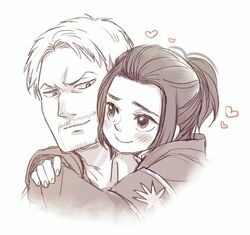  1boy affectionate armband facial_hair family female gabi_braun heart hug hug_from_behind lolicon looking_at_another reiner_braun shingeki_no_kyojin short_hair simple_background smile tobira upper_body 