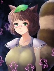  alternate_eye_color animal_ears brown_hair female futatsuiwa_mamizou glasses green_eyes leaf leaf_on_head lips looking_at_viewer portrait raccoon_ears raccoon_tail red-framed_glasses shirt short_hair short_sleeves simple_background smile solo tail touhou troyd upper_body 