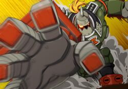  1boy armor commentary_request foreshortening guilty_gear guilty_gear_xrd helmet male_focus military military_uniform nga outstretched_hand ponytail potemkin_(guilty_gear) solo speed_lines spiked_helmet uniform 