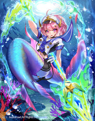  air_bubble battle_siren_janka bubble cardfight!!_vanguard commentary_request company_name coral female fins fish full_body hat head_fins mermaid military_hat monster_girl official_art open_mouth photoshop_(medium) pink_eyes pink_hair polearm sailor_collar solo sparkle spear spinel_(9057) star_(symbol) submerged teeth underwater weapon 