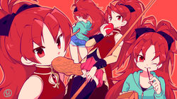  apple black_legwear bow denim denim_shorts eating female food from_behind fruit grin hairbow jacket long_hair magical_girl mahou_shoujo_madoka_magica mouth_hold multiple_views pocky polearm ponytail red_background red_eyes red_hair sakura_kyouko shorts sigumado66 simple_background skirt smile solo spear taiyaki thighhighs wagashi weapon wink 