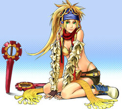  bare_shoulders belt bikini blonde_hair boots braid breasts cleavage commentary_request detached_sleeves female final_fantasy final_fantasy_x final_fantasy_x-2 fingerless_gloves full_body gloves green_eyes halftone halftone_background headband long_hair miniskirt panties photoshop_(medium) rikku_(ff10) scarf sitting skirt solo swimsuit thief_(final_fantasy) thong underwear weapon yara_kami_meiosei 