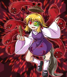  blonde_hair commentary_request cookie_(touhou) female full_body fun_bo green-tinted_eyewear hair_ribbon hat kaibara_elena_(cookie) marisa_to_alice_no_cookie_storia moriya_suwako oerba_yun_fang red_eyes ribbon scouter shoes solo tail tinted_eyewear touhou 