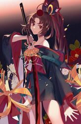  absurdres black_kimono brown_eyes brown_hair commentary_request dj.adonis female flower hair_ornament hair_ribbon high_ponytail highres holding holding_sword holding_weapon japanese_clothes kimono kimono_skirt long_hair looking_at_viewer looking_back nail_polish obi off_shoulder official_alternate_costume onmyoji onmyouji photoshop_(medium) red_flower red_nails red_ribbon ribbon sash solo standing sword very_long_hair weapon youtou_hime_(onmyoji) 