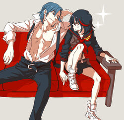  1boy black_hair blue_hair commentary_request female kill_la_kill matoi_ryuuko md5_mismatch mikisugi_aikurou multicolored_hair necktie open_clothes open_shirt school_uniform senketsu serafuku shirt sitting skirt to_siva two-tone_hair unworn_necktie 