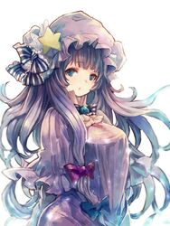  blue_eyes capelet chobi_(sakuyasakuhana) commentary_request dress female hair_ribbon hat light_particles long_hair long_sleeves looking_at_viewer mob_cap patchouli_knowledge purple_hair ribbon simple_background solo star_(symbol) touhou tress_ribbon upper_body white_background 