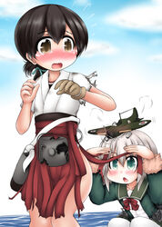  2girls a5m aircraft airplane black_hair blonde_hair blush bow bowtie brown_eyes commentary female_pervert flying_sweatdrops folded_ponytail fur-trimmed_sleeves fur_trim green_eyes green_jacket green_skirt hakama hakama_skirt implied_pantyshot jacket japanese_clothes kantai_collection kasuga_maru_(kancolle) long_sleeves multiple_girls nose_blush object_on_head open_mouth ouno_(nounai_disintegration) pantyhose pervert pleated_skirt red_bow red_bowtie red_hakama shading_eyes shimushu_(kancolle) shimushu_pose short_hair skirt squatting standing tears wavy_mouth white_legwear 