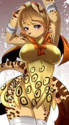  anthro big_breasts blush breasts brown_hair buried_frog cape clothed clothing fangs felid female hair hand_on_head hi_res looking_at_viewer mammal orange_eyes short_hair solo spots standing teeth 