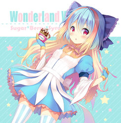  blonde_hair blue_bow blue_dress blue_gloves blue_hair bow breasts brown_bow commentary_request copyright_name diagonal_stripes dress dutch_angle female food frilled_bow frills gloves hairbow hands_up holding ice_cream kuroe_(sugarberry) layered_sleeves little_alice_(wonderland_wars) long_hair long_sleeves looking_at_viewer multicolored_hair parted_lips photoshop_(medium) puffy_short_sleeves puffy_sleeves short_over_long_sleeves short_sleeves small_breasts solo star_(symbol) striped_background striped_clothes striped_thighhighs thighhighs two-tone_hair vertical-striped_clothes vertical-striped_thighhighs very_long_hair wide_sleeves wonderland_wars 