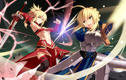  2girls ahoge armor armored_dress artoria_pendragon_(fate) bandeau battle blonde_hair braid breasts check_commentary clarent_(fate) commentary commentary_request detached_sleeves duel excalibur_(fate/stay_night) fate/apocrypha fate/grand_order fate/stay_night fate_(series) fighting french_braid gauntlets green_eyes hair_bun hair_ornament hair_scrunchie long_hair midriff mordred_(fate) mordred_(fate/apocrypha) mother_and_daughter motion_lines multiple_girls navel open_mouth overhead_swing ponytail red_lightning red_scrunchie saber_(fate) scrunchie shiseki_hirame single_hair_bun small_breasts smile sword teeth thighhighs underboob weapon 