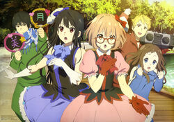  2boys 3girls :d :o absurdres black_hair blue_eyes boombox bow brown_eyes brown_hair clenched_hand clenched_hands elbow_gloves glasses gloves hairbow hand_on_own_chest highres holding_boombox idol jewelry kanbara_akihito kuriyama_mirai kyoukai_no_kanata long_hair looking_at_viewer miura_rina multiple_boys multiple_girls nase_hiroomi nase_mitsuki official_art open_mouth raised_fist red-framed_eyewear red_eyes ring shindou_ai short_hair smile takeuchi_yukiko track_suit ueno_chiyoko umetsu_tetsurou water 