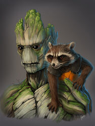  angry anthro armor black_eyes carrying_another claws clothing disney elemental_creature elemental_humanoid flora_colossus flora_fauna groot guardians_of_the_galaxy hi_res humanoid ketrindarkdragon mammal marvel on_shoulder orange_clothing plant plant_humanoid procyonid raccoon rocket_raccoon simple_background tree whiskers 