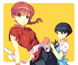  2girls black_hair bob_cut braid chinese_clothes commentary_request fuurinkan_high_school_uniform genderswap_(mtf) hair_ribbon multiple_girls p-chan pig piglet ranma-chan ranma_1/2 red_hair ribbon ro_dai rule_63 sash school_uniform short_hair simple_background single_braid tangzhuang tendou_akane 