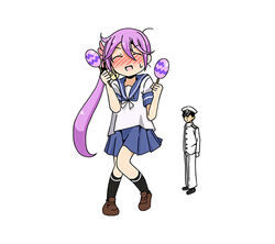  1boy admiral_(kancolle) admiral_shiro_(shino) akebono_(kancolle) bell blush commentary_request female flower hair_bell hair_flower hair_ornament instrument jingle_bell kantai_collection long_hair lowres maracas photoshop_(medium) purple_hair school_uniform shino_(ponjiyuusu) 