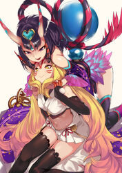  2girls bare_shoulders black_gloves black_thighhighs blonde_hair blush breasts chinese_clothes closed_mouth commentary crop_top detached_sleeves dudou eyeliner facial_mark fate/grand_order fate_(series) forehead_jewel forehead_mark fundoshi gloves gourd hair_spread_out hand_in_another&#039;s_hair hands_in_hair headpiece heart horns ibaraki_douji_(fate) ibaraki_douji_(swimsuit_lancer)_(fate) ibaraki_douji_(swimsuit_lancer)_(third_ascension)_(fate) japanese_clothes long_hair low_twintails makeup multiple_girls navel ohland oni pointy_ears purple_eyes purple_hair rope sash short_eyebrows short_hair short_twintails shuten_douji_(fate) shuten_douji_(halloween_caster)_(fate) simple_background skin-covered_horns skirt small_breasts smile star_(symbol) star_print swimsuit tattoo thighhighs thighs twintails very_long_hair white_background white_skirt yellow_eyes 