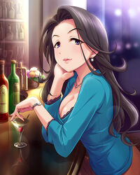  artist_request bar_(place) black_hair bottle breasts brown_skirt cleavage cup earrings female flower idolmaster idolmaster_cinderella_girls jewelry large_breasts lips long_hair necklace official_art purple_eyes rose skirt takahashi_reiko very_long_hair watch wristwatch 