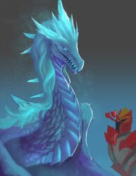  2016 ambiguous_gender armor auroth_the_winter_wyvern blue_background blue_body blue_eyes blue_feathers blue_hair blue_scales clothed clothing davion_the_dragon_knight dota dragon duo european_mythology feathered_wings feathers female_(lore) feral hair hawkilla headgear heart_symbol helmet hi_res human knight long_hair mammal mythological_creature mythological_scalie mythology nude scales scalie sharp_teeth simple_background size_difference teeth tongue tongue_out warrior western_dragon wings wyvern 