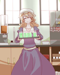  blonde_hair closed_eyes commentary_request drink faucet feet_out_of_frame female hat hat_ribbon holding holding_tray indoors kitchen maribel_hearn monomi_(nasdai) ribbon smile soda_fountain solo touhou tray wavy_hair window 