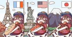  american_flag ancient_greek_clothes baguette blue_hair blue_sky bread california_roll chiton closed_eyes cloud commentary_request day drooling eiffel_tower female food french_flag greco-roman_clothes hat hat_ornament japanese_flag miyako_yoshika monomi_(nasdai) mount_fuji ofuda open_mouth shawl sky solo star_(symbol) star_hat_ornament statue_of_liberty stola sushi touhou 