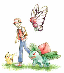  1boy artist_request backpack baseball_cap black_hair butterfree hat ivysaur pikachu pokemon pokemon_(game) pokemon_rgby red_(pokemon) red_(pokemon)_(classic) 