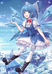  adapted_costume alternate_costume blue_dress blue_eyes blue_hair bow chinese_commentary cirno commentary_request dress english_commentary fairy_wings female hairbow highres huanghyy ice ice_wings mixed-language_commentary open_mouth puffy_sleeves short_hair solo touhou wings 