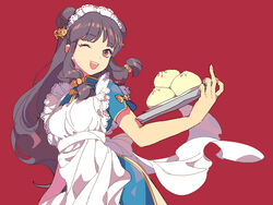  ;d apron baozi cat_hair_ornament china_dress chinese_clothes commentary_request double_bun dress female food frilled_apron frills hair_bun hair_ornament long_hair maid_headdress middle_finger one_eye_closed open_mouth purple_hair ranma_1/2 red_background red_eyes ro_dai shampoo_(ranma_1/2) side_slit sidelocks smile solo tray waitress 