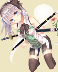  alternate_costume ashu bare_arms bare_shoulders bent_over bike_shorts black_thighhighs blue_eyes bow commentary_request female grey_hair hair_ribbon katana kneeling konpaku_youmu konpaku_youmu_(ghost) looking_at_viewer ribbon sleeveless solo sword thighhighs touhou weapon 