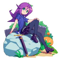  abigail_(stardew_valley) bad_id bad_twitter_id bow choker commentary_request cross-laced_footwear female grass green_eyes hand_on_own_knee hood hooded_jacket jacket junimo long_hair metata miniskirt open_clothes open_jacket pantyhose purple_hair short_sleeves sitting sitting_on_object skirt solo stardew_valley sword weapon 