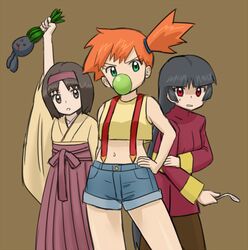  3girls arm_up bent_spoon black_hair blood blunt_bangs brown_background brown_eyes chewing_gum commentary_request crop_top erika_(pokemon) green_eyes hairband hand_on_own_hip holding japanese_clothes kasumi_(pokemon) long_hair looking_at_viewer midriff multiple_girls nakaba navel oddish open_mouth orange_hair pantyhose parted_lips pokemon pokemon_(anime) pokemon_(classic_anime) pokemon_(creature) pokemon_rgby red_eyes sabrina_(pokemon) shorts side_ponytail spoon standing suspenders sweatdrop tank_top 