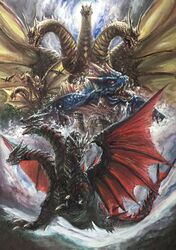  alien blue_sky cloud cretaceous_king_ghidorah dagahra desghidorah dragon giant_monster godzilla_(series) grand_king_ghidorah hydra kaijuu king_ghidorah monster pterodactyl sky sun temple tree water wave 