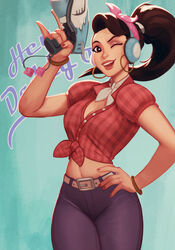  ;d belt belt_buckle blue_pants bracelet breasts brown_hair buckle cleavage collared_shirt commentary crop_top cruiser_d.va d.va_(overwatch) denim dice earrings english_commentary female gun hand_on_own_hip handgun head_scarf headband headphones highres holding holding_gun holding_weapon hoop_earrings jeans jewelry large_breasts lipstick looking_at_viewer makeup midriff nail_polish navel neckerchief official_alternate_costume one_eye_closed open_mouth overwatch overwatch_1 pants plaid ponytail raichiyo33 shirt short_sleeves smile solo teeth tied_shirt tight_clothes tight_pants weapon white_neckerchief 