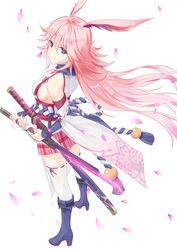  5plus animal_ears blue_eyes blue_footwear boots breasts commentary_request detached_sleeves female fox_ears from_side full_body hair_between_eyes high_heel_boots high_heels highres honkai_(series) honkai_impact_3rd katana large_breasts long_hair looking_at_viewer looking_to_the_side petals photoshop_(medium) pink_hair ribbon ribbon-trimmed_legwear ribbon-trimmed_sleeves ribbon_trim sideboob simple_background solo sword thighhighs very_long_hair weapon white_background yae_sakura yae_sakura_(gyakushinn_miko) 