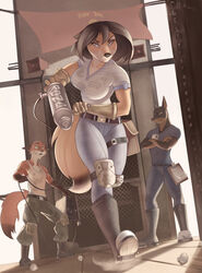  absurd_res anthro boots breasts canid canine clothed clothing detailed_background female footwear fox group half-closed_eyes hi_res knee_pads mammal narrowed_eyes roza_(woadedfox) solo_focus woadedfox 