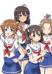  4girls animal_ears black_hair blue_eyes blue_skirt bow braid breasts brown_eyes brown_hair cleavage closed_eyes commentary_request cowboy_shot dark-skinned_female dark_skin high_school_fleet highres hiraizumi_(mugenkidousha) index_finger_raised light_brown_hair long_hair looking_at_viewer misaki_akeno multiple_girls neckerchief open_mouth pleated_skirt purple_eyes red_neckerchief sailor_collar school_uniform serafuku shiretoko_rin short_hair short_sleeves simple_background skirt standing tail topknot twintails uchida_mayumi variant_set white_background white_sailor_collar yamashita_hideko yokosuka_girls_marine_high_school_uniform 