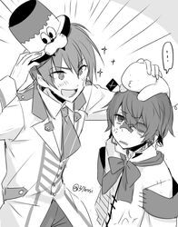  ... 2boys armband arsloid bandage_on_face bandages color_connection commentary fukase greyscale hair_over_one_eye hat head_flag male_focus minahoshi_taichi monochrome multiple_boys point_(vocaloid) smile sparkle spoken_ellipsis top_hat vocaloid 